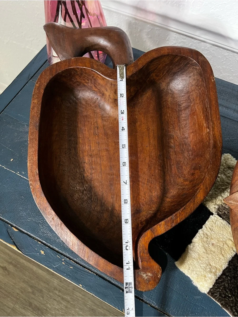 Vintage Hand-Carved Wooden Apple 🍎 Bowl with Sword 🗡️
